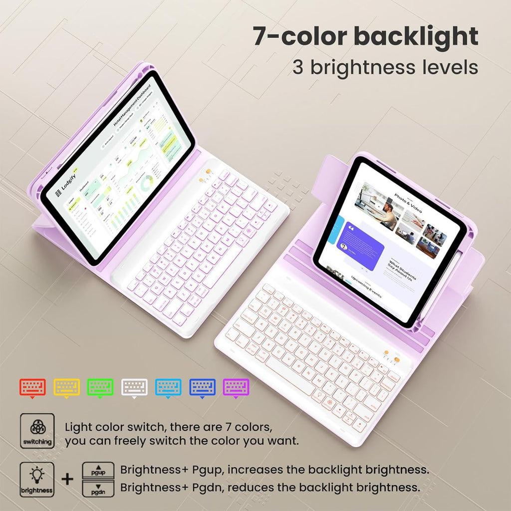 Magnetic Keyboard Case for iPad Air 5th 4th Generation 10.9 inch Pro 11 1st/2nd/3rd/4th, 7 Color Backlight BT Keyboard Folio with Pencil Holder 2022 2021 2020 2018(Purple)