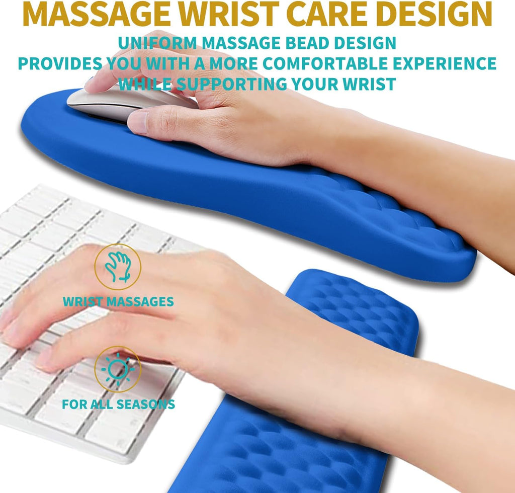 Hokafenle 2 in 1 Ergonomic Mouse Pad Wrist Support & Wrist Rest for Computer Keyboard Set, with Relieve Carpal Tunnel Pain Massage Bulge and Full Memory Gel Design (2In1 Set, Dg Blue)