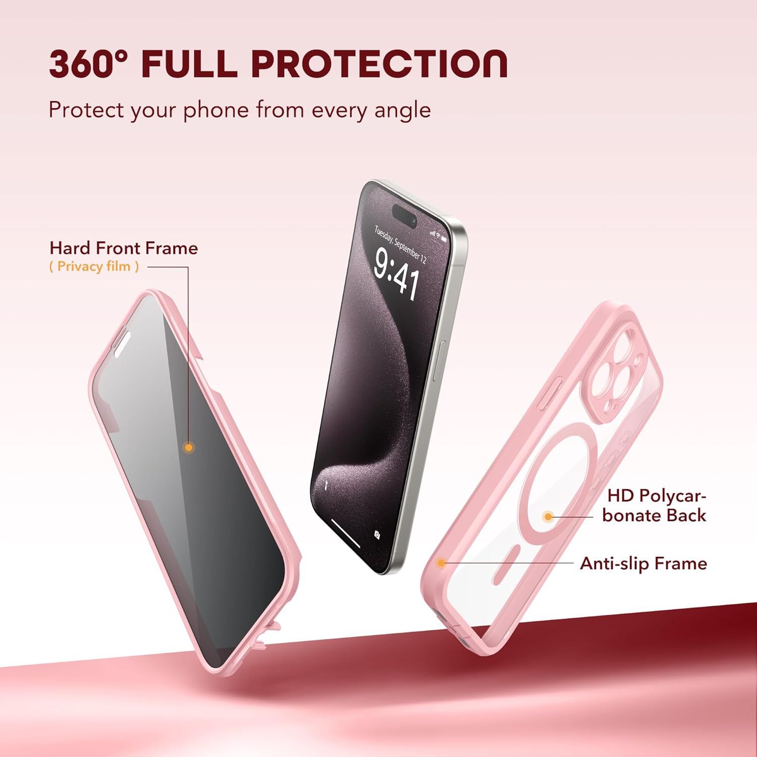 Magnetic for iPhone 15 Pro Max Case, Compatible with MagSafe, Built-in Privacy Screen Protector and Camera Protection, Anti Spy Full Body Dustproof Shockproof Hard Phone Case 6.7", Pink