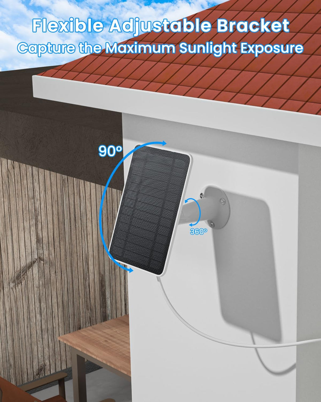Solar Panel Charger Compatible with Arlo Essential 2K Outdoor(2nd Gen)/Essential XL Camera(2nd Gen)/Essential Spotlight, 5W Solar Panel with IP65 Waterproof 10ft Micro USB-C Cable & Wall Mount, 1 Pack