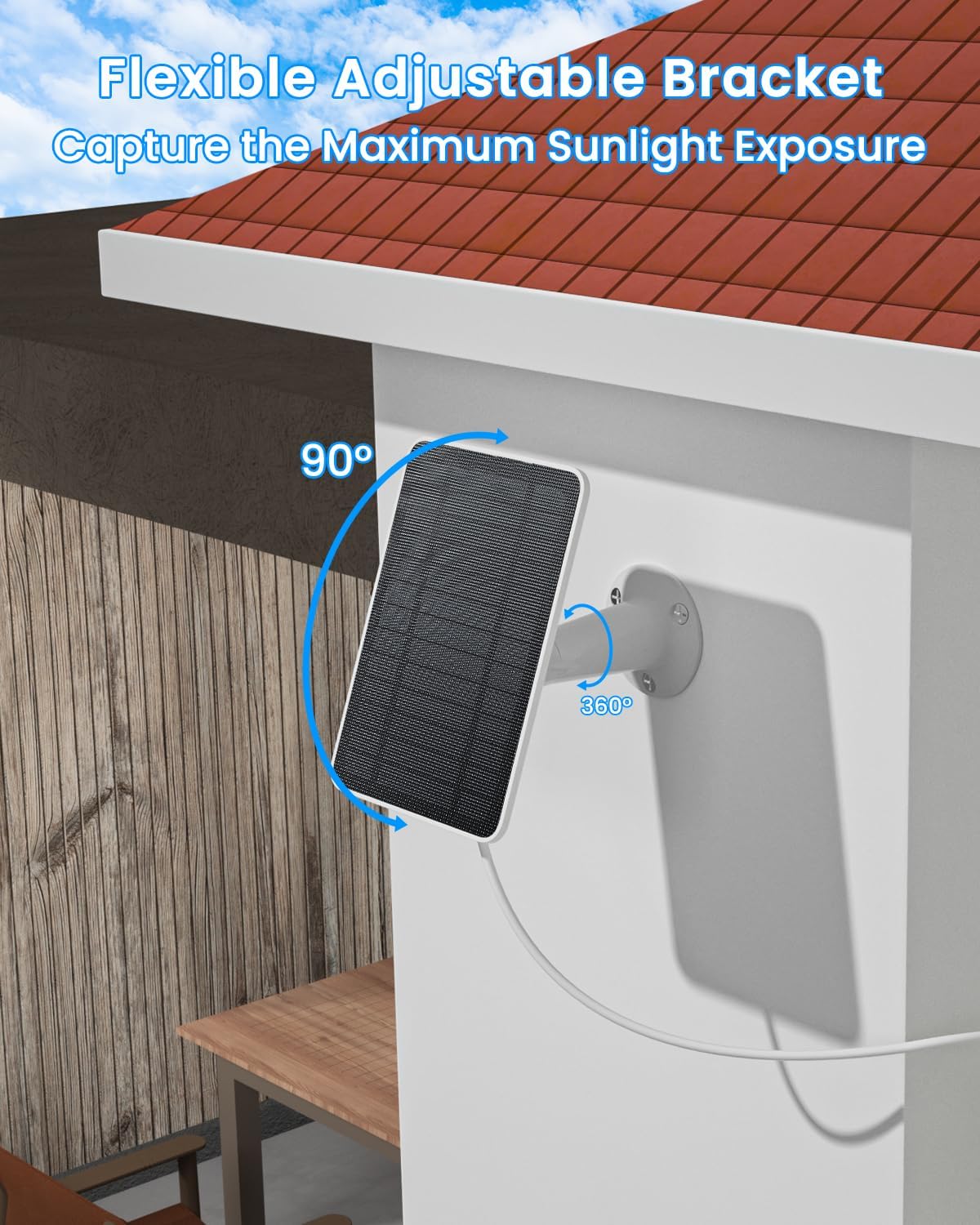 Solar Panel Charger Compatible with Arlo Essential 2K Outdoor(2nd Gen)/Essential XL Camera(2nd Gen)/Essential Spotlight, 5W Solar Panel with IP65 Waterproof 10ft Micro USB-C Cable & Wall Mount, 1 Pack