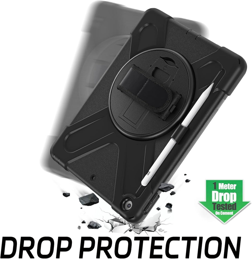 ZenRich Shockproof Case for iPad 9th/8th/7th Generation 10.2 inch 2021/2020/2019, Heavy Duty Rugged Case with Pencil Holder/360° Rotating Kickstand/Handle/Carrying Strap, Black