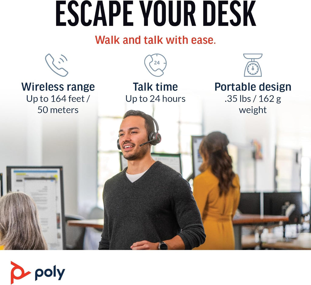 Poly Voyager 4320 UC Wireless Headset & Charge Stand (Plantronics) - Stereo Headphones w/Noise-Canceling Boom Mic - Connect PC/Mac/Mobile via Bluetooth - Works w/Teams, Zoom, & More - Amazon Exclusive