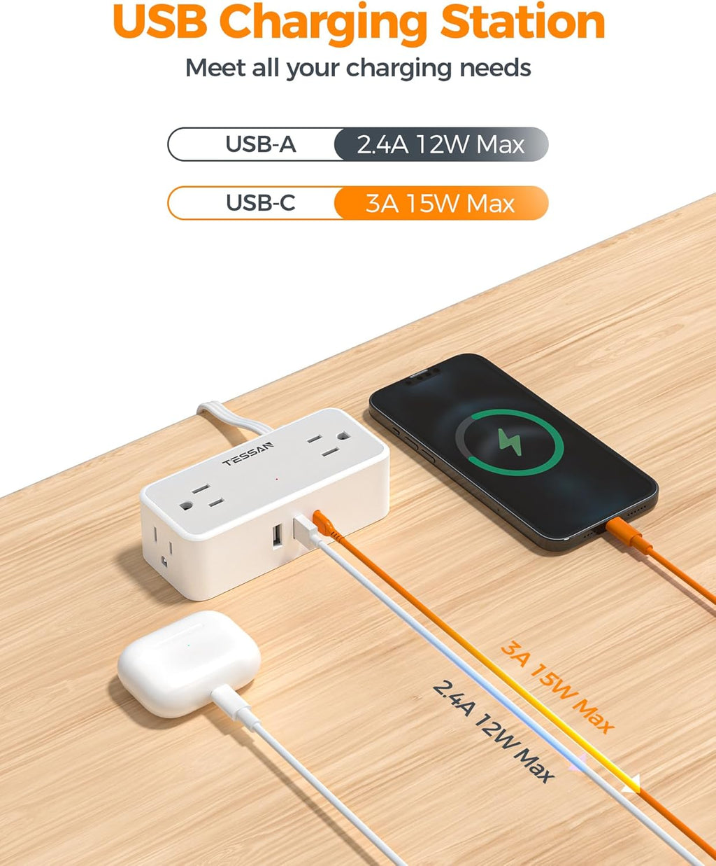 Flat Plug Extension Cord 10 FT, TESSAN Surge Protector Power Strip with 4 AC Outlets 1 USB C and 2 USB A Ports, 900 Joules Protection, Multiple Wall Outlet Extender Suitable for Home Office Dorm