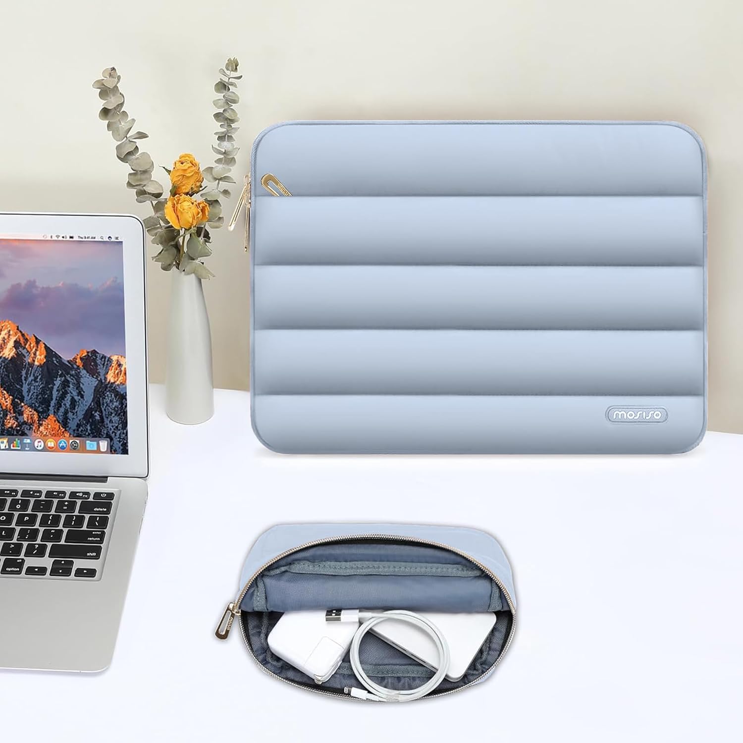 MOSISO 14 inch Laptop Case, 14 inch Puffy Laptop Sleeve Compatible with HP Lenovo Dell ASUS Acer, HP Stream, Dell Latitude, Lenovo IdeaPad, Polyester Horizontal Bag with Small Case, Baby Blue