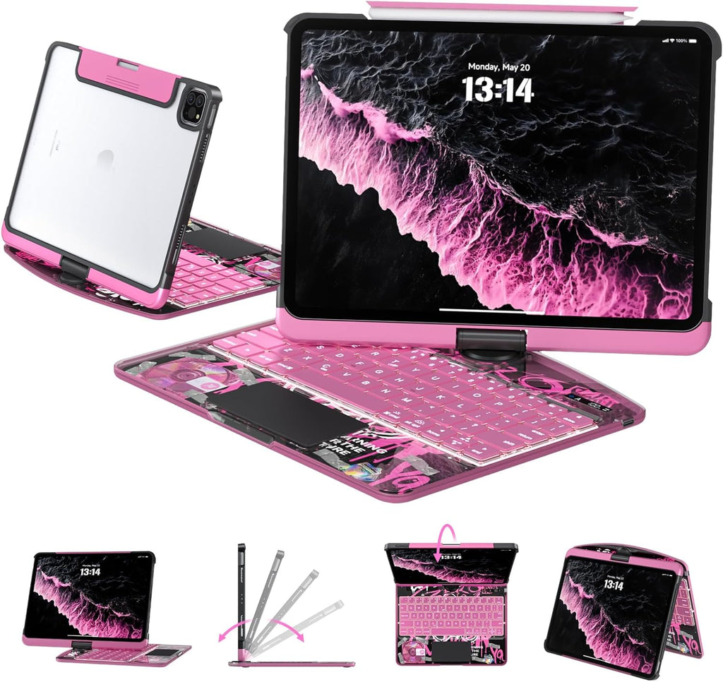 Transparent Case with Keyboard iPad Air (M3/M2,2025/2024) 11 Inch,Compatible 10.9" iPad Air 5th/4th & 11" iPad Pro 4/3/2/1,7-Color Backlit,Wireless Keyboard, 360°Rotating,with trackpad,Pink