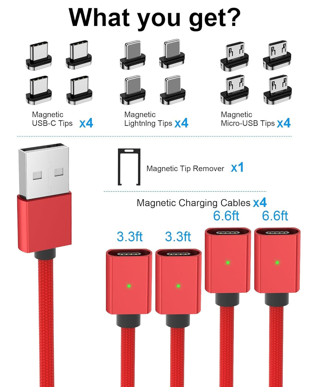Magnetic Charging Cable 3A Fast Charging (4-Pack, 3.3/3.3/6.6/6.6 ft) 3 in 1 Magnetic Phone Charger, 480Mbps Data Transfer, USB A to Type C Charger Cable USB-C/Iproduct Micro USB Device (Deep Red)