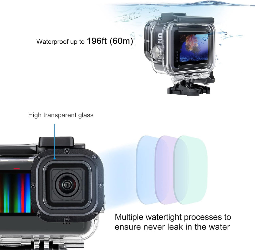 SOONSUN Waterproof Case for GoPro Hero 13 12 11 10 9 Black,196FT/60M Underwater Protective Diving Housing with Accessories, Built-in Dual Cold Shoe Mount to Connect Video Light and Microphone