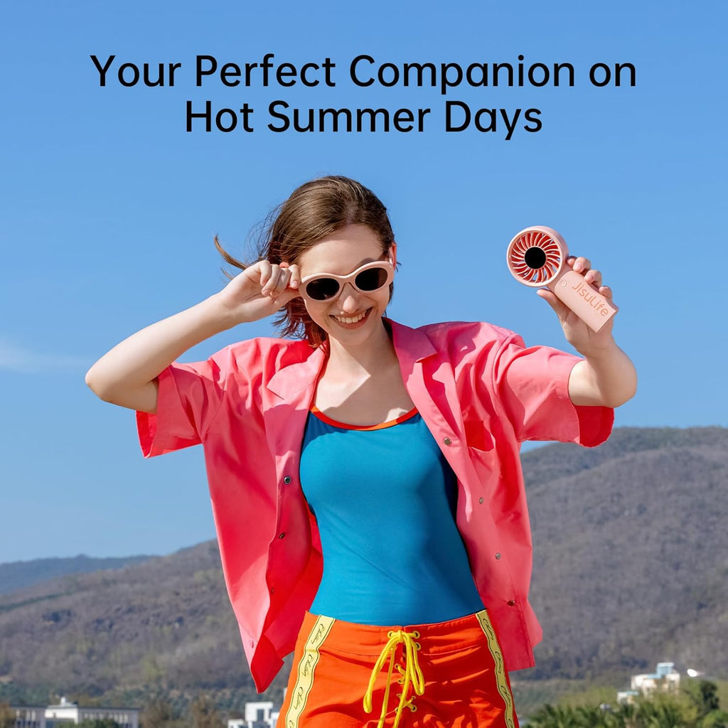 JISULIFE Handheld Portable Fan with Powerful Motor,LED Display,3600mAh Battery,5 Wind Speeds,Lanyard; Summer Essentials USB Rechargeable Hand held Fan for Travel,Beach,Makeup,Concerts-Pink