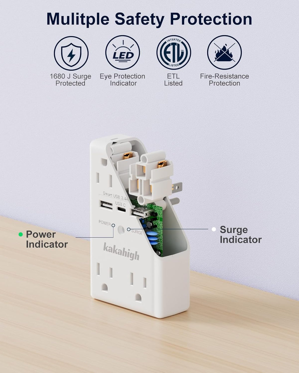 Wall Outlet Extender with Screw, 8 Way Outlets with 1680J Surge Protected, Multi Plug Wall Outlet with USB Ports, LED Indicator, 1875W Wall Mounted Surge Protectors for Dorm Room Office Kitchen