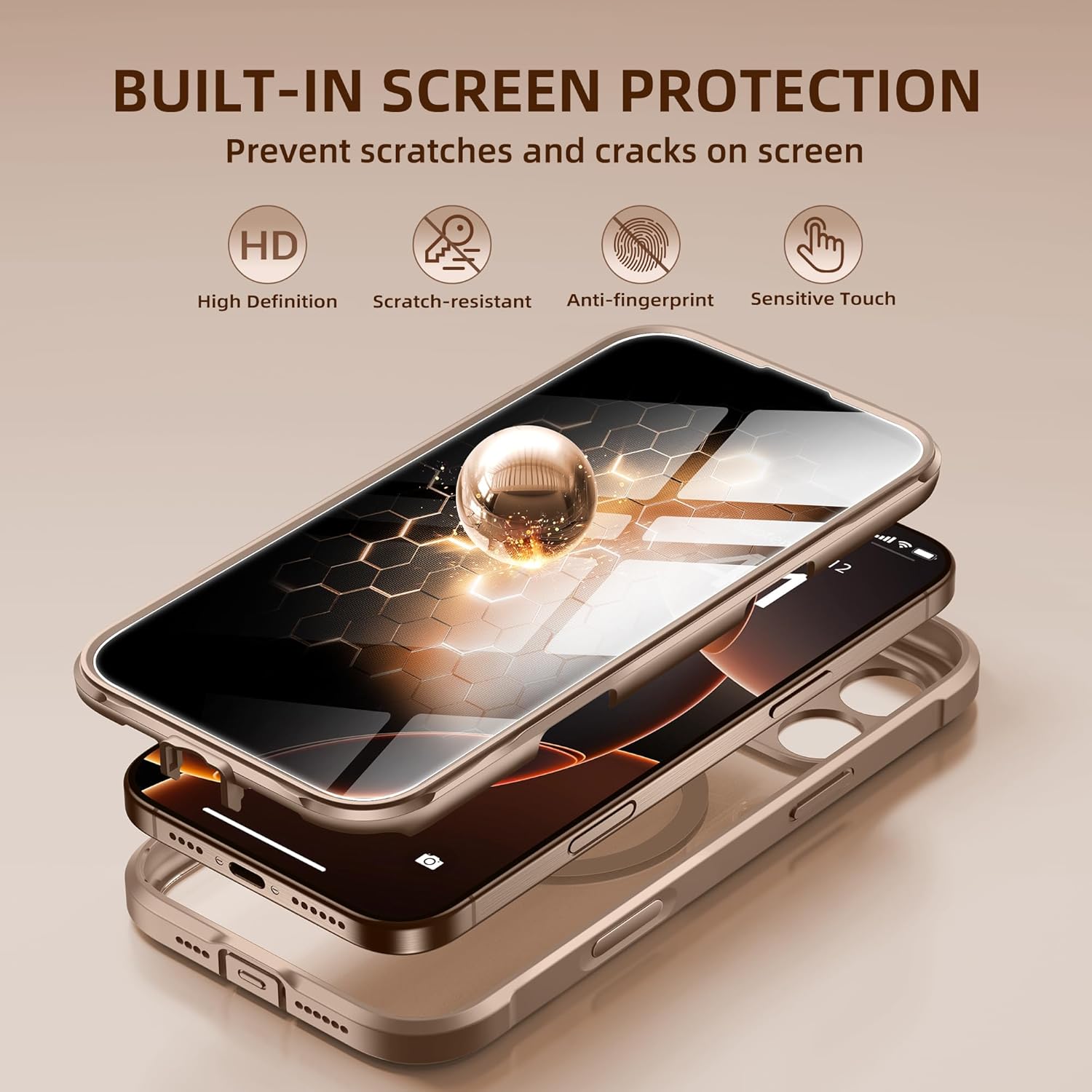 BERFY Magnetic for iPhone 16 Pro Case, Compatible with MagSafe, Built-in Privacy Screen Protector and Upgraded Camera Protection, Anti-Spy Full Body Shockproof Phone Case for 16 Pro 6.3", Desert Gold