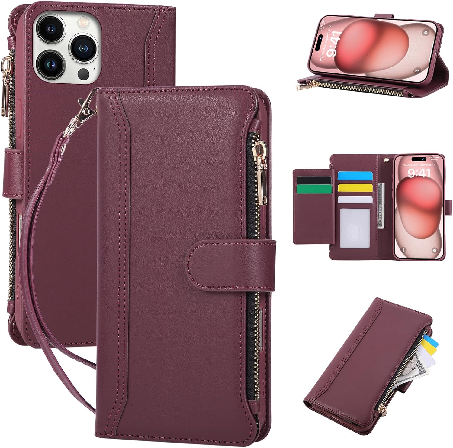 Compatible with iPhone 13 Pro Max Wallet Phone Case-PU Leather Magnetic Flip Cover with Credit Card Slots,Zipper Pocket & Detachable Wrist Strap,Shockproof Design,for Women and Men-Claret