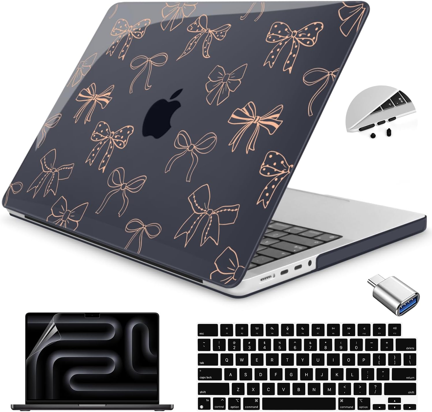 Teryeefi for MacBook Pro 14 inch Case M4 M3 M2 M1 Chip (2025 2024 2023 2021 Release) Model A3112 A3401 A3185 A2918 A2992 A2779 A2442, PC Hard Shell+Keyboard Cover+Type C Adapter, Gold Bows A003