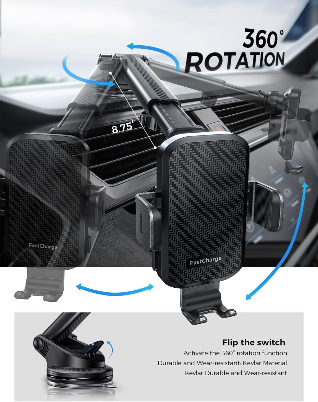 CHGeek Wireless Car Charger with Phone Holder Mount, 15W Fast Charging Auto Clamping Phone Holders for You Car Windshield Dashboard Air Vent Accessories for iPhone, Samsung Galaxy, Google, etc