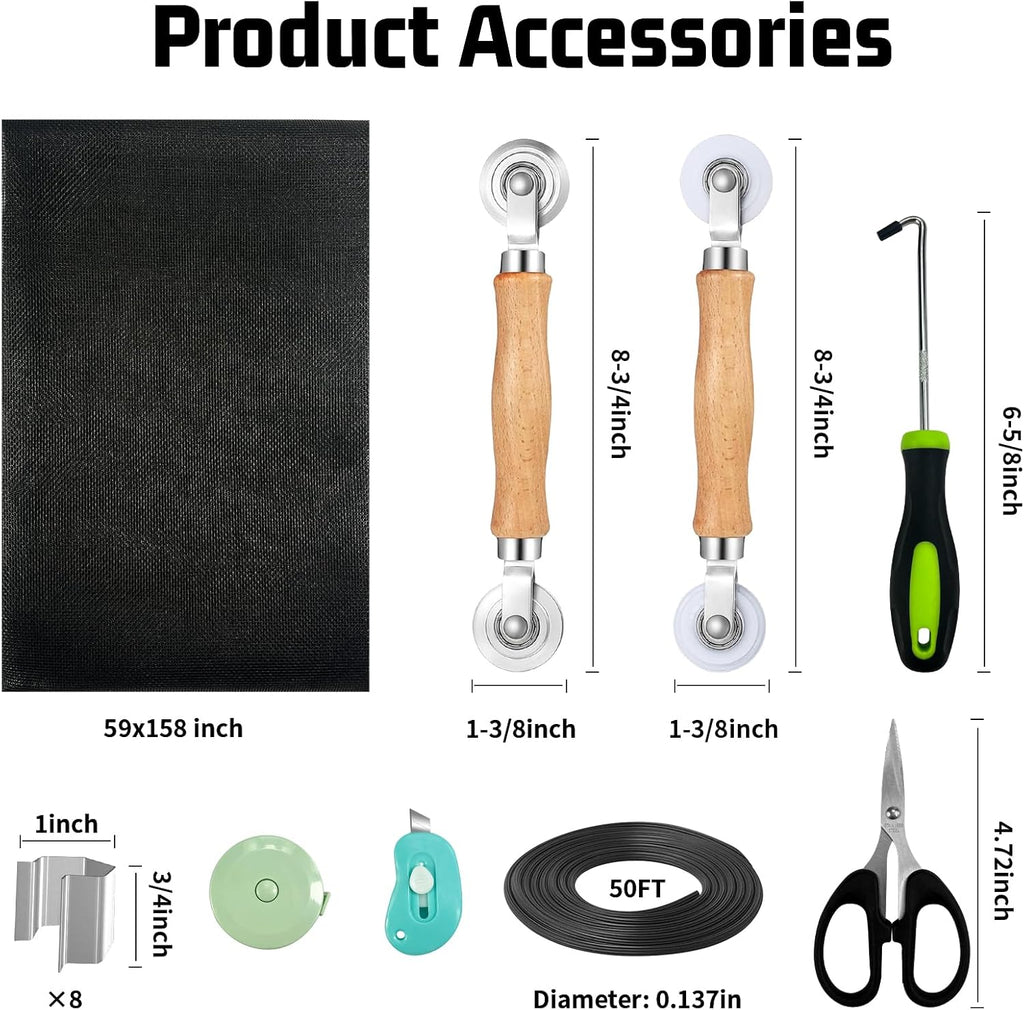 Window Screen Replacement,Screen Door Repair Kit, 59"x158" Black Window Screen Mesh,Including 50 FT Splines+Hooks+2 Rollers+8 Clips+Scissors+Knife+Tape Measure,Fully Equipped Window Screen Repair Kit