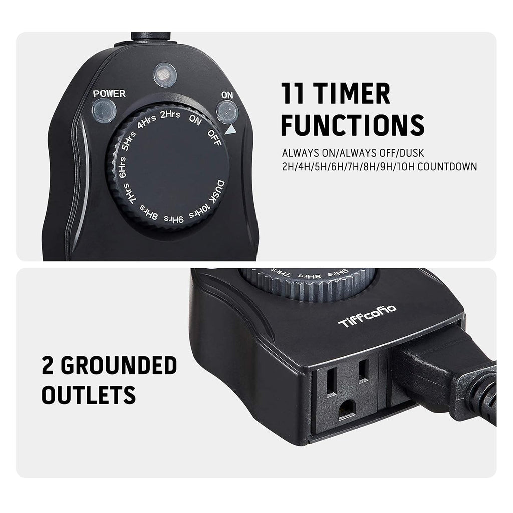 TiFFCOFiO Outdoor Timer Outlet, Dusk to Dawn Light Sensor Timer Weatherproof, 2 Grounded Outlets for Halloween and Christmas Lights, 15A 1/2HP, ETL Listed