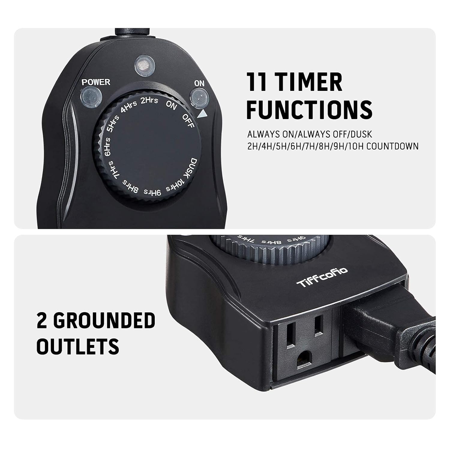 TiFFCOFiO Outdoor Timer Outlet, Dusk to Dawn Light Sensor Timer Weatherproof, 2 Grounded Outlets for Halloween and Christmas Lights, 15A 1/2HP, ETL Listed