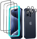 ESR 3+2 Pack for iPhone 15 Pro Screen Protector, 3 Black Edge Tempered-Glass Film and 2 Set Camera Lens Protector, 2.5D Curved Edges, Full-Coverage Military-Grade Protection, Scratch Resistant
