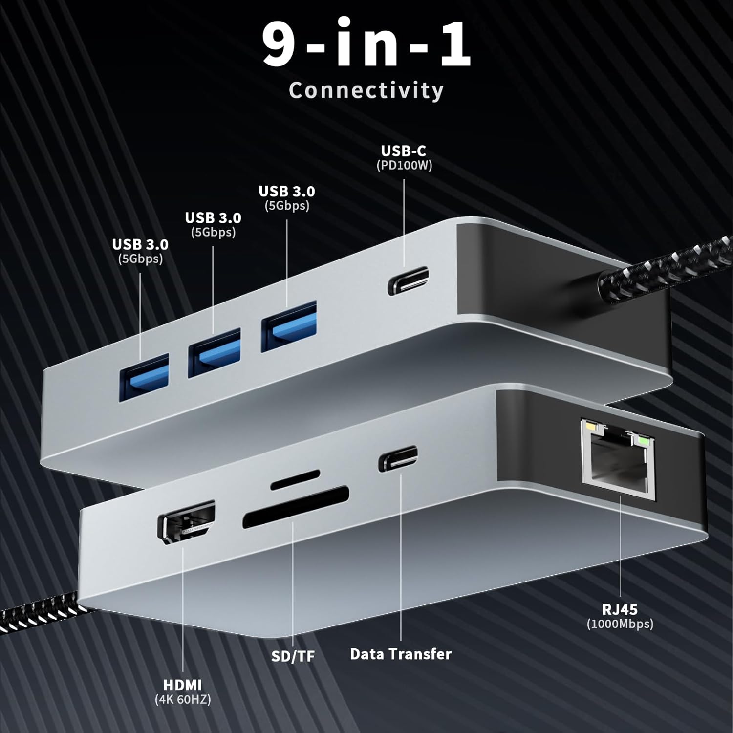USB C Hub, 9 in 1 USB C to 4K@60HZ HDMI Multiport Adapter, RJ45 Gigabit Ethernet, 3 USB 3.0 Ports, SD/TF Card Reader, PD 100W, Desigend for MacBook Pro Air HP XPS and Other Type C Devices
