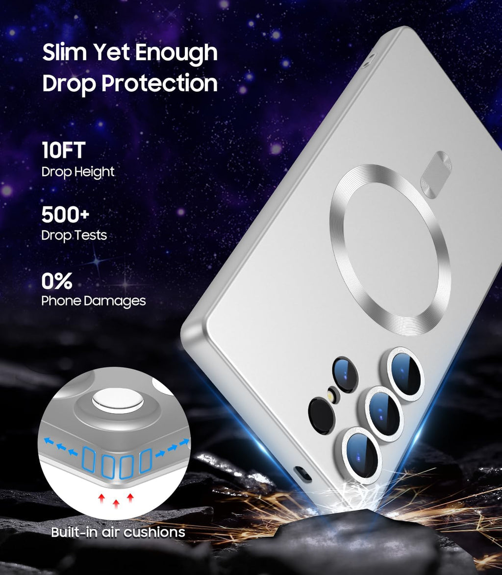 Magnetic for Samsung Galaxy S25 Ultra Case [Compatible with MagSafe][Built-in Camera Lens Protector] Slim Soft Silicone Bumper Shockproof Metallic Luster Phone Shell (Silver)