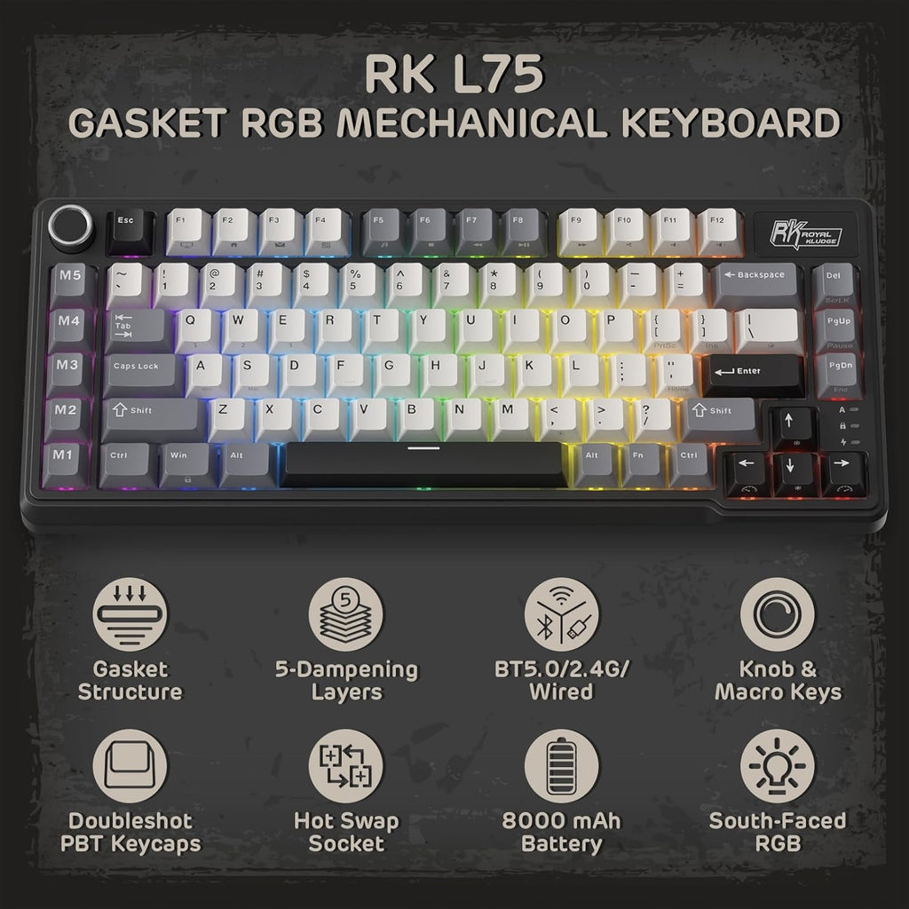 RK ROYAL KLUDGE L75 Gasket Mount Mechanical Keyboard w/Knob/Macro Keys & Touchable Nameplate, Tri-Mode 75% TKL Wireless Keyboard BT/2.4G/USB-C, Hot Swappable, Pro Software, Massive 8000mAh Battery