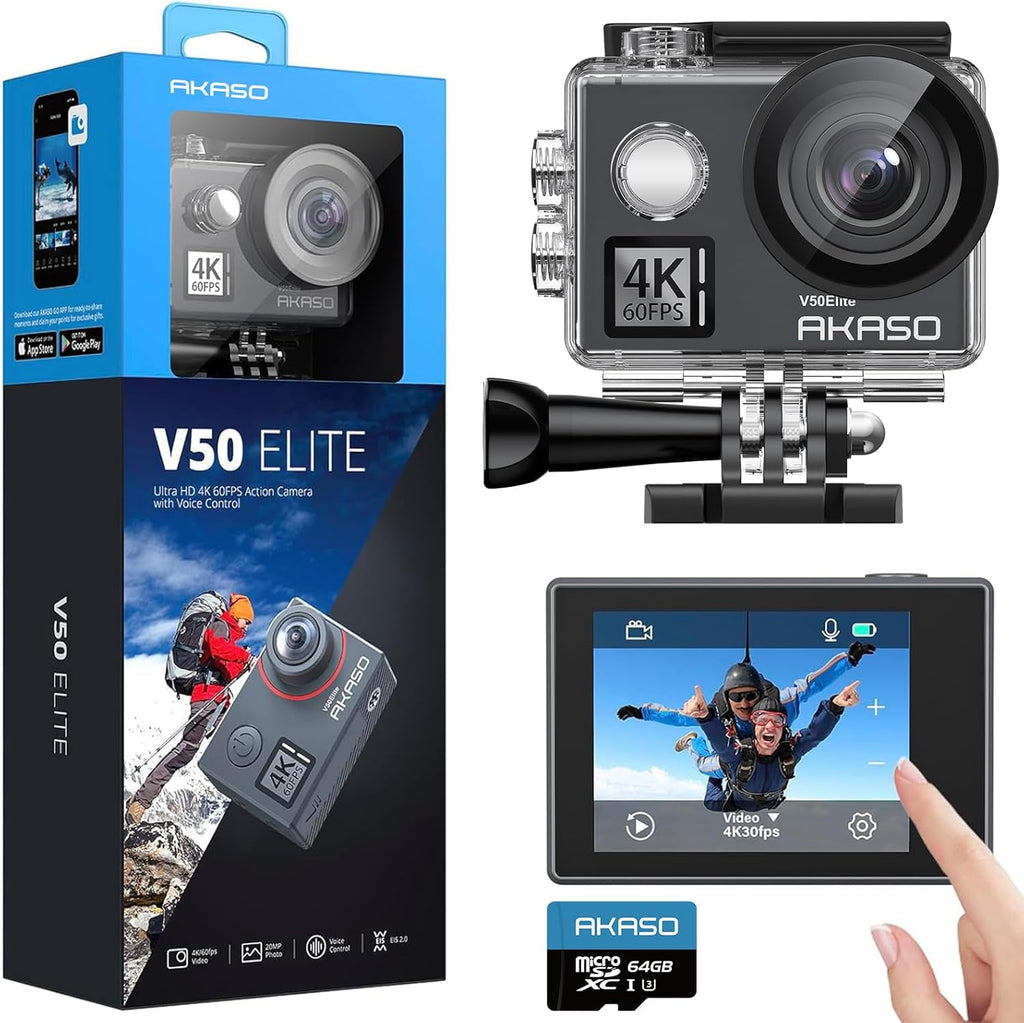 AKASO V50 Elite 4K60fps Touch Screen WiFi Action Camera Voice Control EIS 131 feet Waterproof Camera 8X Zoom Remote Control (with 64GB MicroSD Card)