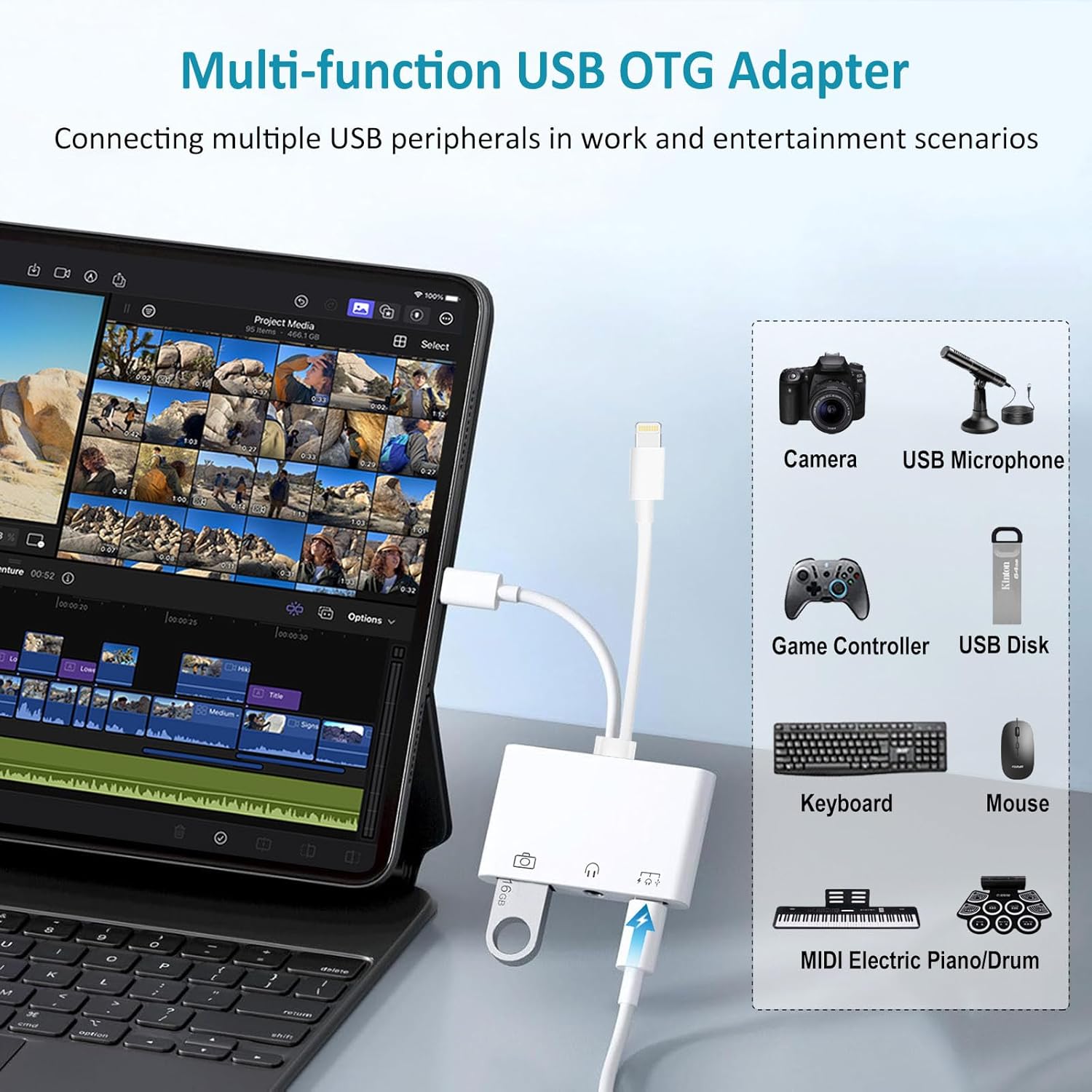 USB-C & Lightning to 3.5mm Headphone Adapter, 3-in-1 USB OTG Camera Adapter & Aux Headphone Splitter, Supports Charging/Audio/Data Transfer for iPhone 16/15/14/13/12, Samsung Galaxy S25/24, Laptops