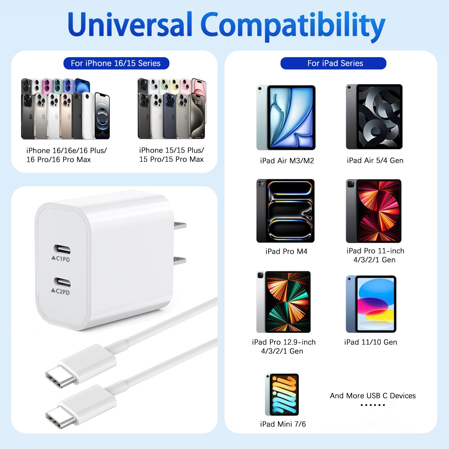 2Pack iPhone 16 15 Chargers,Dual Port Fast Wall Chargers Block with 10FT USB C to C Cable Cord Charger Fast Charging for iPhone 16e/16 Pro Max/16 Pro/16 Plus/15/15 Pro Max/15 Pro/15 Plus/iPad