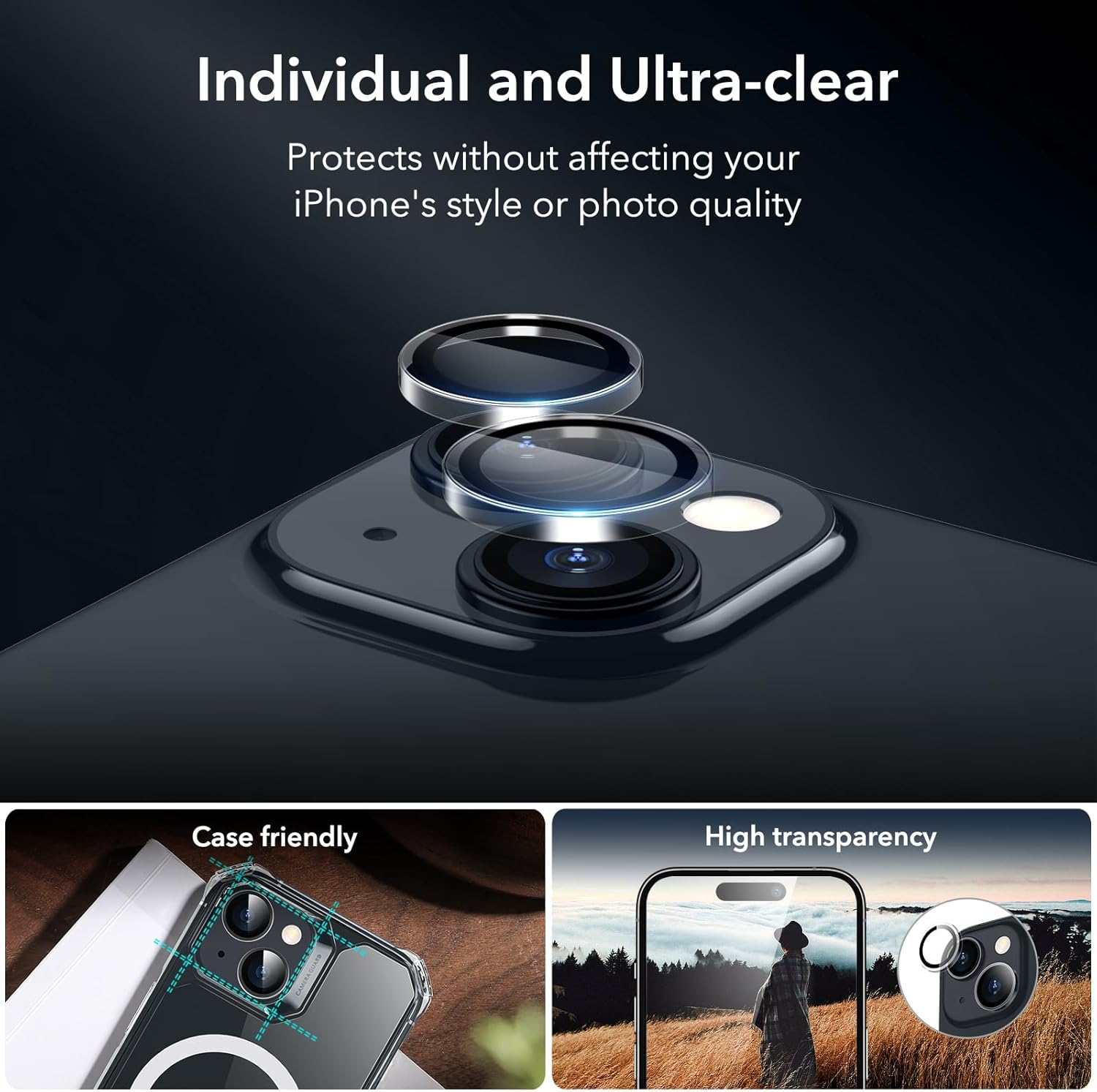 ESR 3+1 Pack for iPhone 15 Plus Screen Protector, 3 Black Edge Tempered-Glass Film and 1 Set Camera Lens Protector, 2.5D Curved Edges, Full-Coverage Military-Grade Protection, Scratch Resistant