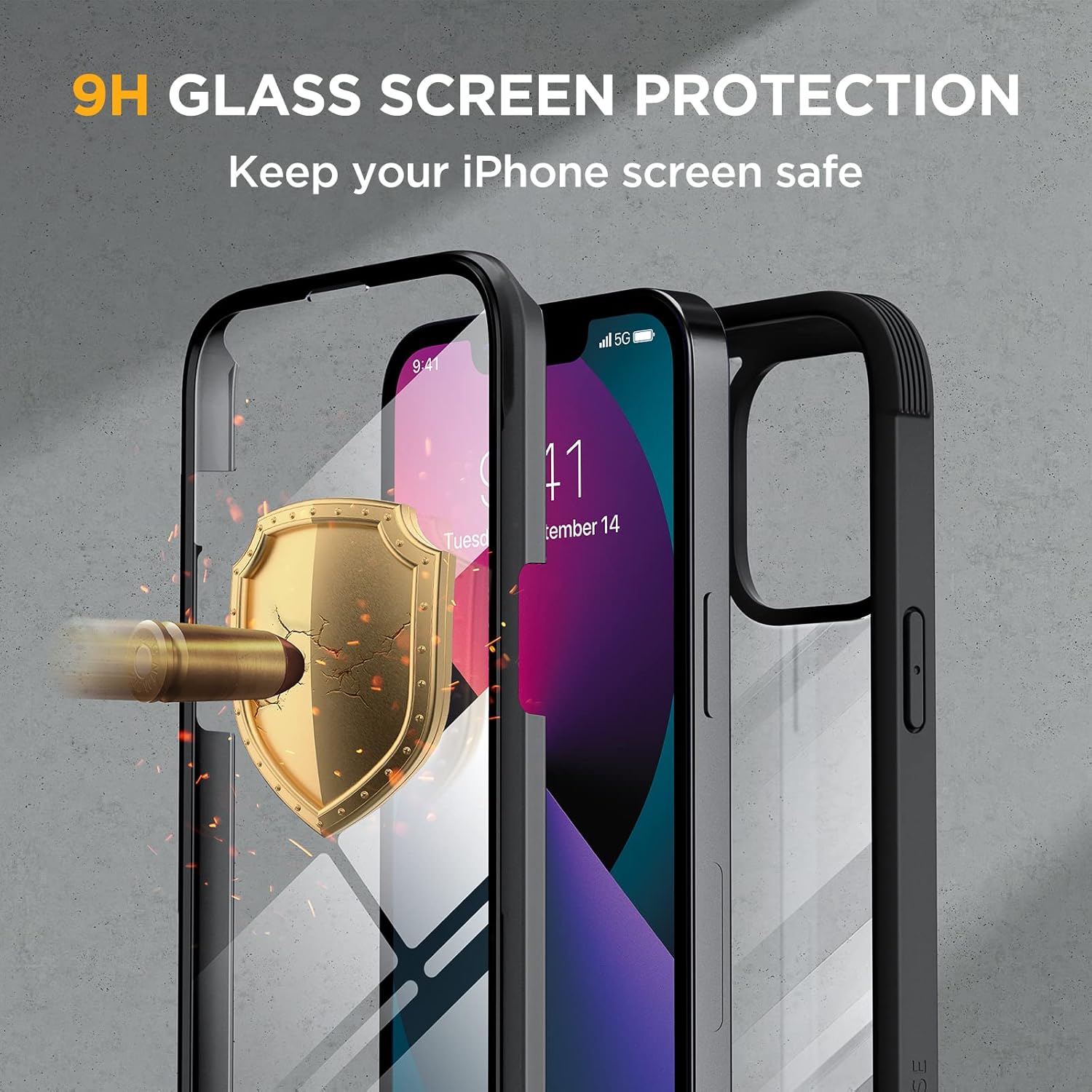 Miracase Compatible with iPhone 13 case 6.1 inch, 2021 Upgrade Full-Body Glass Clear Case Bumper Case with Built-in 9H Tempered Glass Screen Protector for iPhone 13,Black