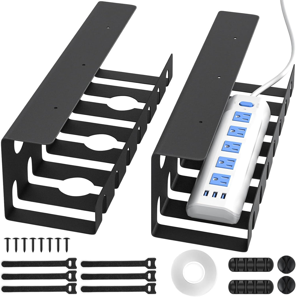 Delamu 2 Pack Metal Under Desk Cable Management Tray, U Channel Cord Organizer Box, Office Under Desk Cord Organizers, Cable Management with Various Accessories, Black, 15.75 Inches