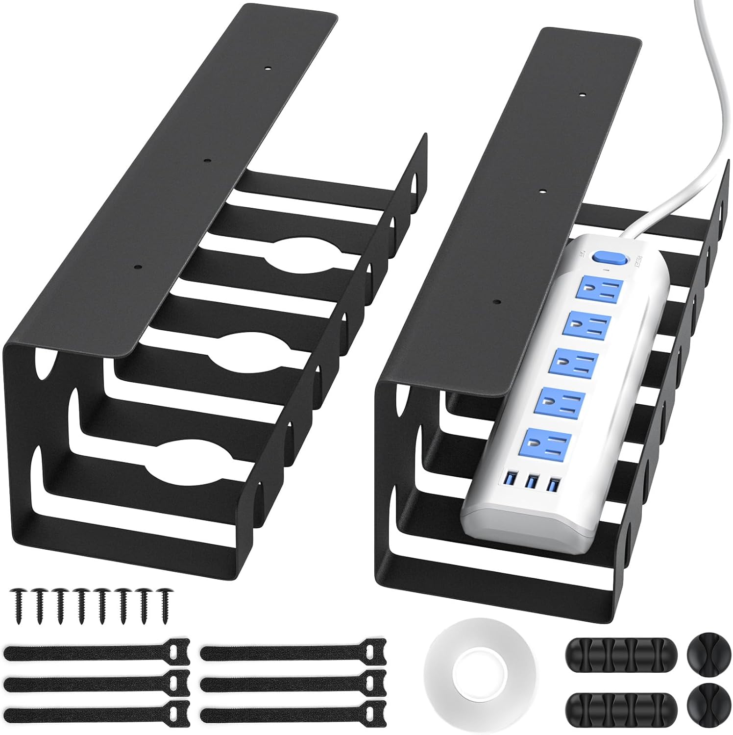 Delamu 2 Pack Metal Under Desk Cable Management Tray, U Channel Cord Organizer Box, Office Under Desk Cord Organizers, Cable Management with Various Accessories, Black, 15.75 Inches
