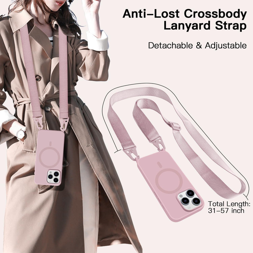 for iPhone 16 Pro Case with Lanyard [Compatible with MagSafe], Crossbody Phone Case with Neck Strap Adjustable, Magnetic Phone Cover for iPhone 16 Pro 6.3'' Pink