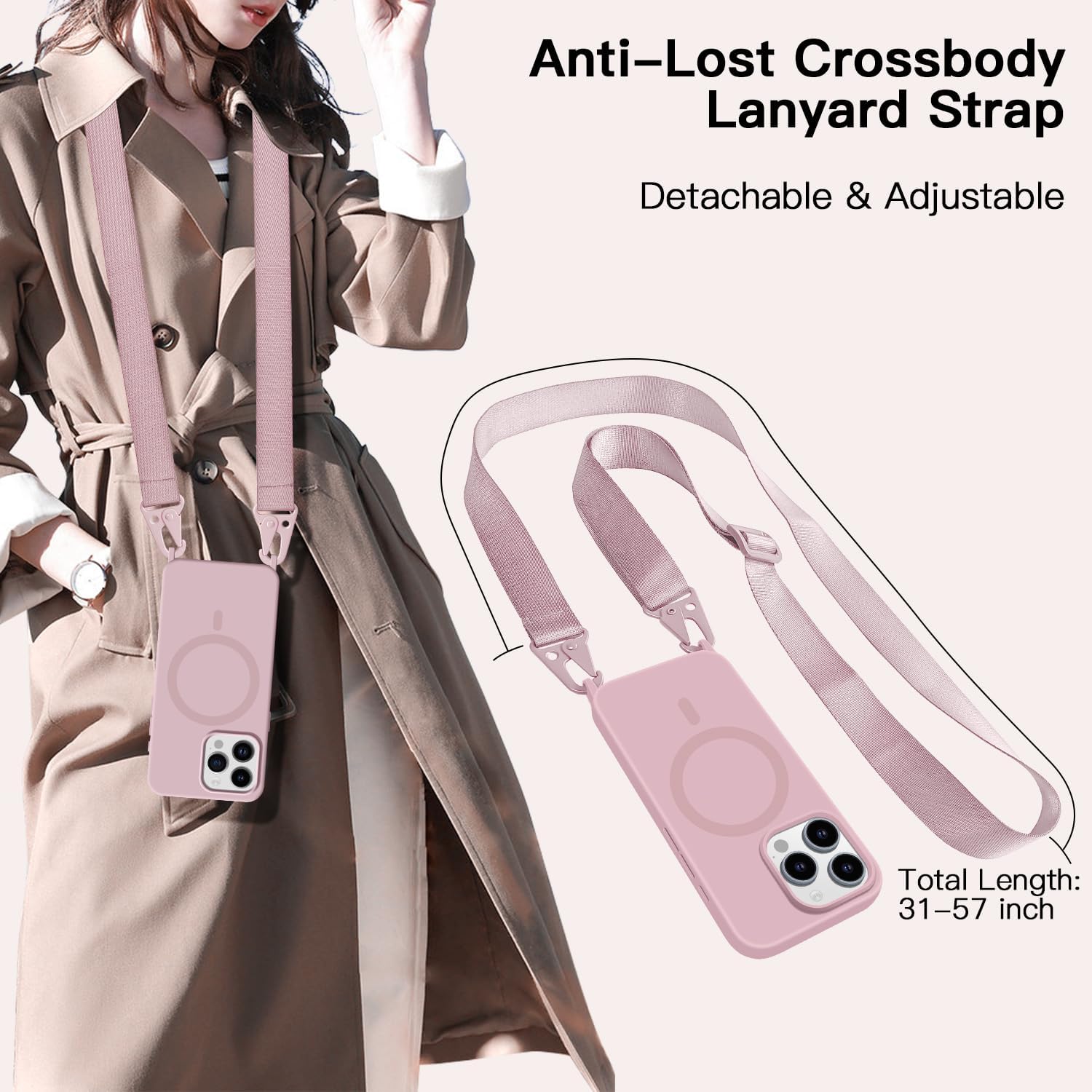 for iPhone 16 Case with Lanyard [Compatible with MagSafe], Crossbody Phone Case with Neck Strap Adjustable, Magnetic Phone Cover for iPhone 16 6.1'' Pink