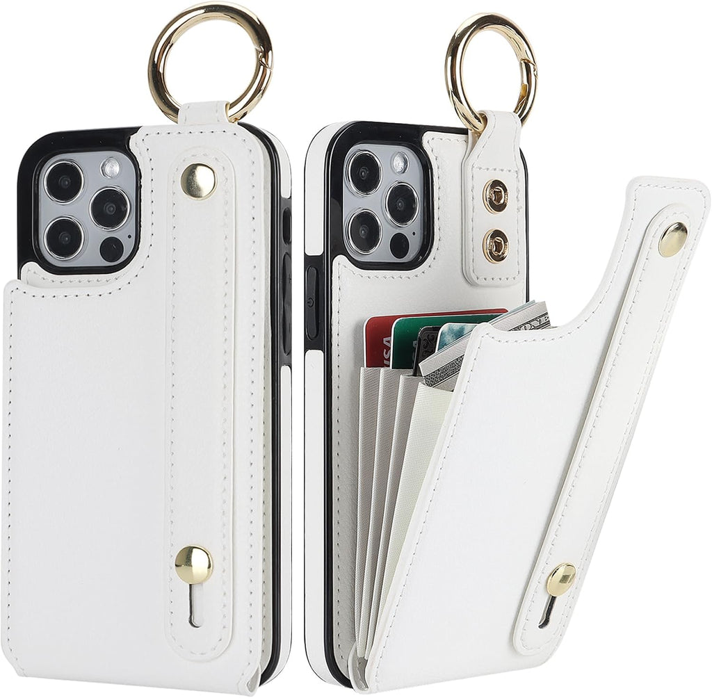 Folosu for iPhone 12/12 Pro Wallet Case with Card Holder, Hand Wrist Strap Loop Holder Kickstand, RFID Blocking Finger Grip Ring PU Leather Double Buttons Shockproof Cover 6.1 Inch (White)