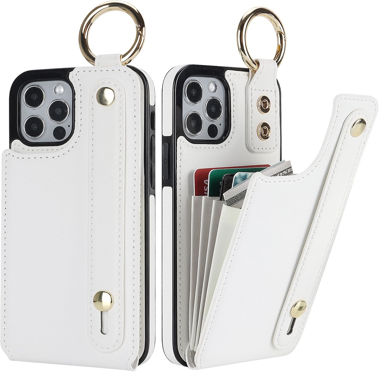 Folosu for iPhone 12/12 Pro Wallet Case with Card Holder, Hand Wrist Strap Loop Holder Kickstand, RFID Blocking Finger Grip Ring PU Leather Double Buttons Shockproof Cover 6.1 Inch (White)