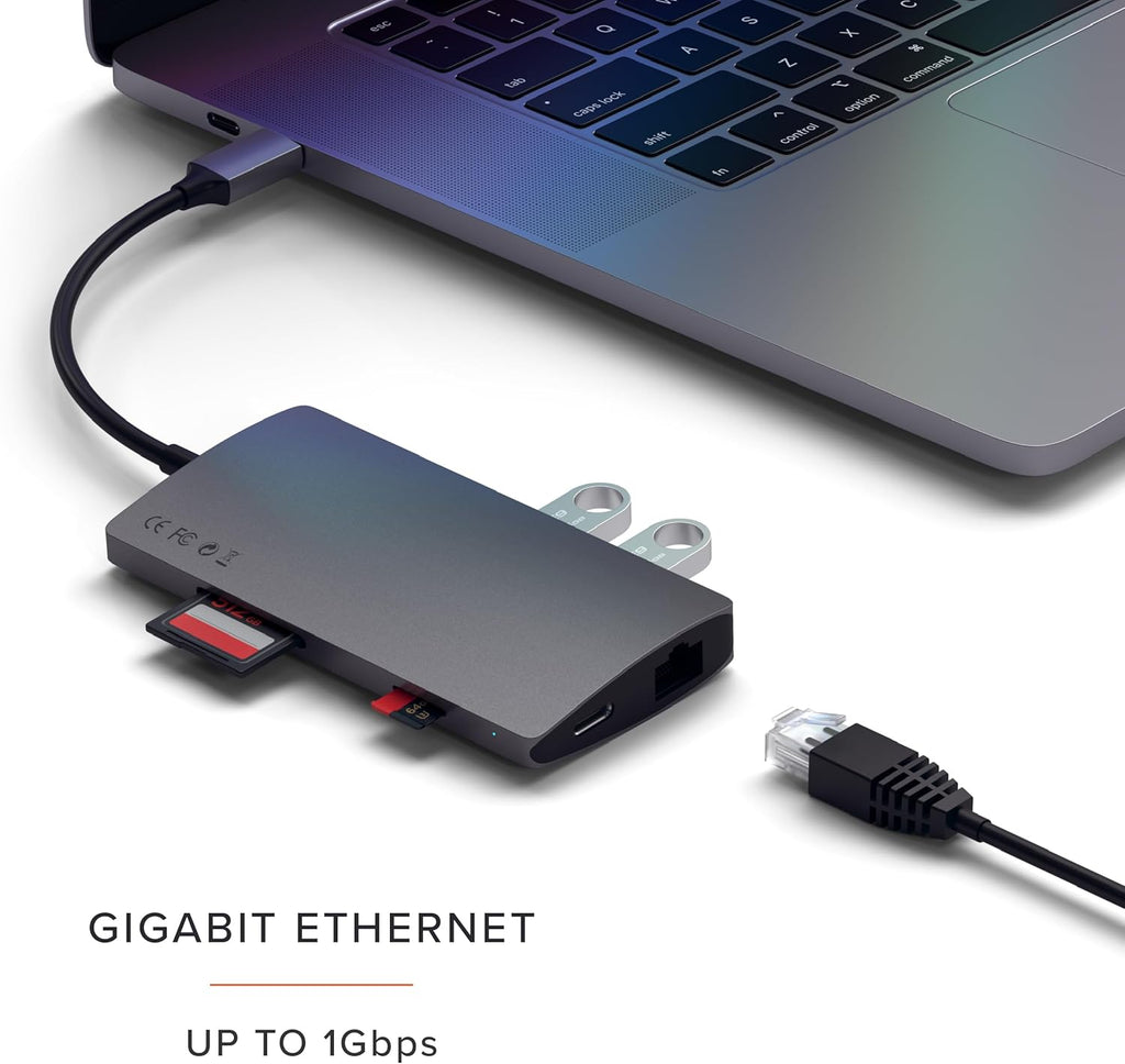 Satechi 8 in 1 USB C Hub Multiport Adapter V2, 4K HDMI, 115W USB C PD Charging, 3 USB-A, Ethernet, Micro/SD Card Readers, for Laptop, MacBook Pro/Air M4/M3/M2/M1, iPad, iPhone 16, Windows - Space Gray