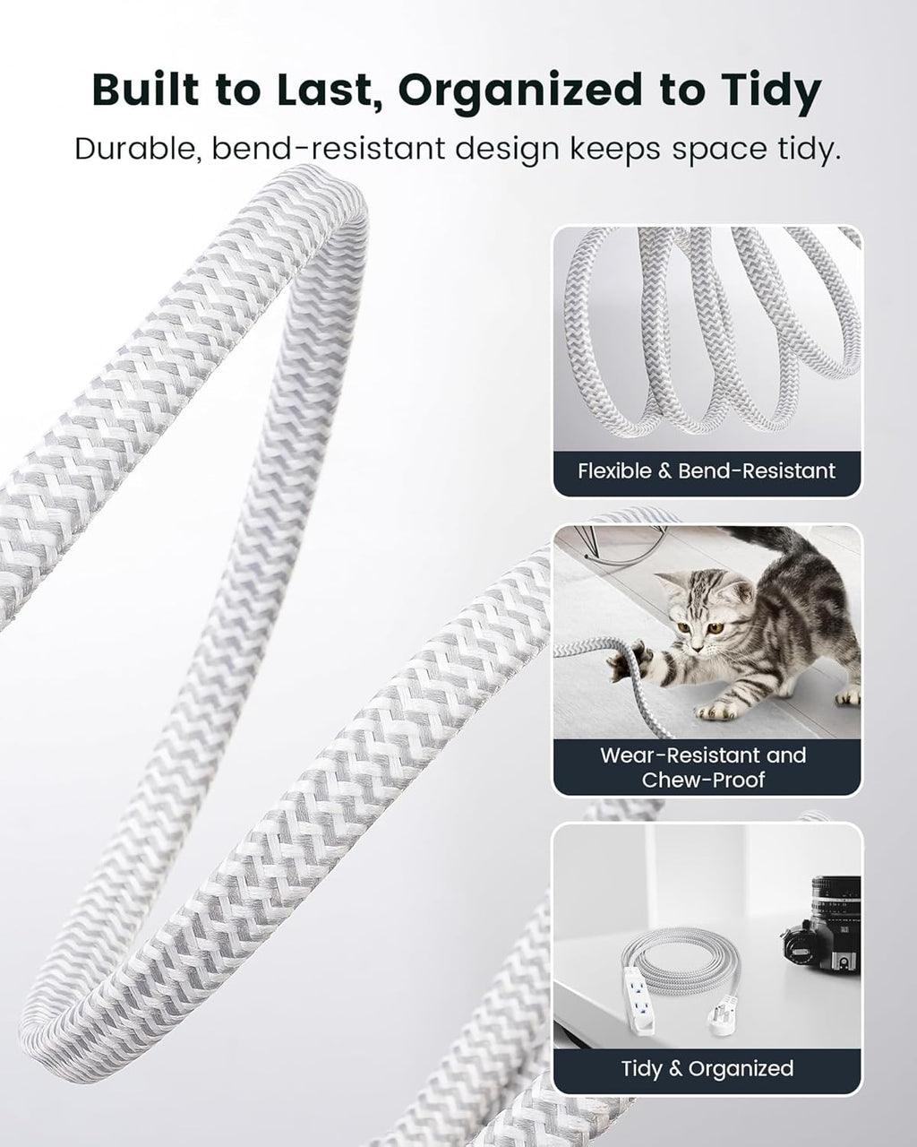 SURAIELEC 10FT 360° Rotating Flat Plug Extension Cord Flat Wall Plug with 3 Outlets, Braided Flat White Extension Cord for Indoor Use, Home, Office, 16/3C SPT, ETL Listed