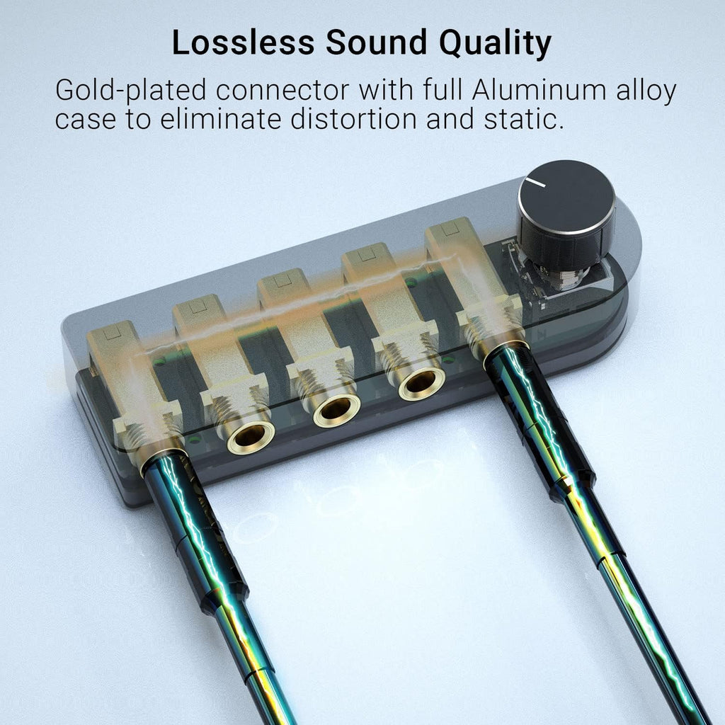 Cubilux Bidirectional 4-Channel 6.35mm Audio Selector, 1x TRS to 4X TRS Stereo 4-Port 1/4” Quarter Inch AUX Switch Box for Speaker, Headphones, Subwoofer, Home Audio System, Mixer, Amplifier