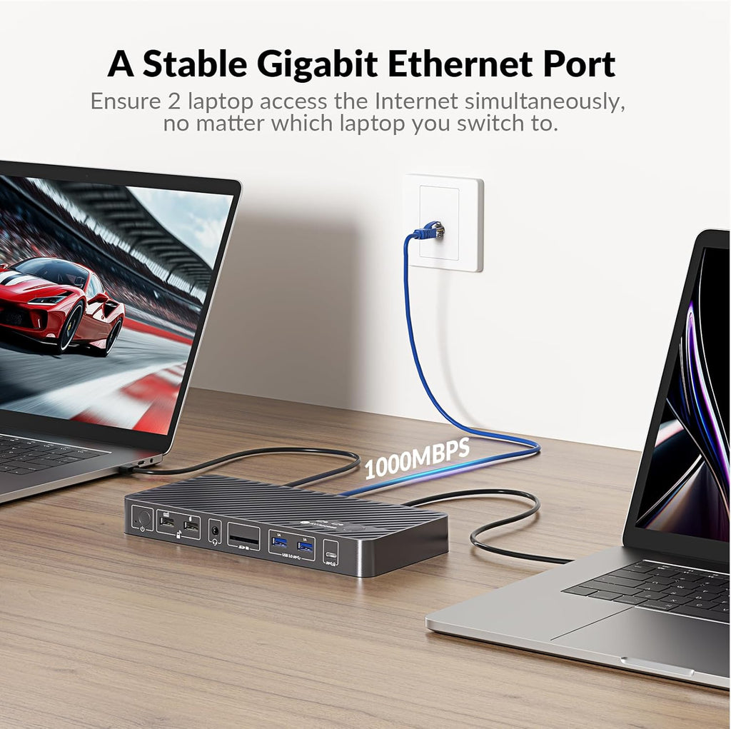 AV Access Docking Station KVM Switch 2 Monitors 2 Laptops, 4K HDMI KVM Switch Dual Monitor, 100W PD for Each PC, 1G Ethernet, EDID Emulation, Ideal for Home Office & Gaming