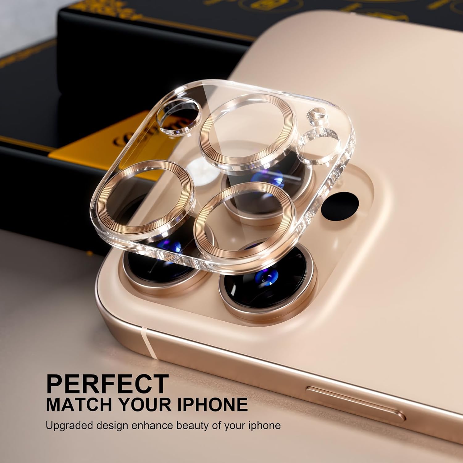 beuxece for 6 Pack iPhone 15 Pro/iPhone 15 Pro Max Camera Lens Protector [Drop Protection] [Case Friendly] [Easy Installation] 9H Tempered Glass Camera Screen Protector Cover, CD Gold