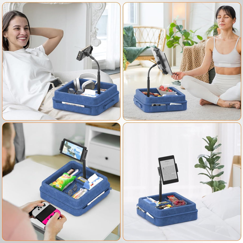 KDD Tablet Pillow Holder - 360°Adjustable iPad Pillow Stand for Lap, Bed and Desk - Gooseneck Tablet Soft Pad Dock with Storage Tray and Pocket Compatible with iPad Pro 12.9, Air Mini, Phone,(Blue)
