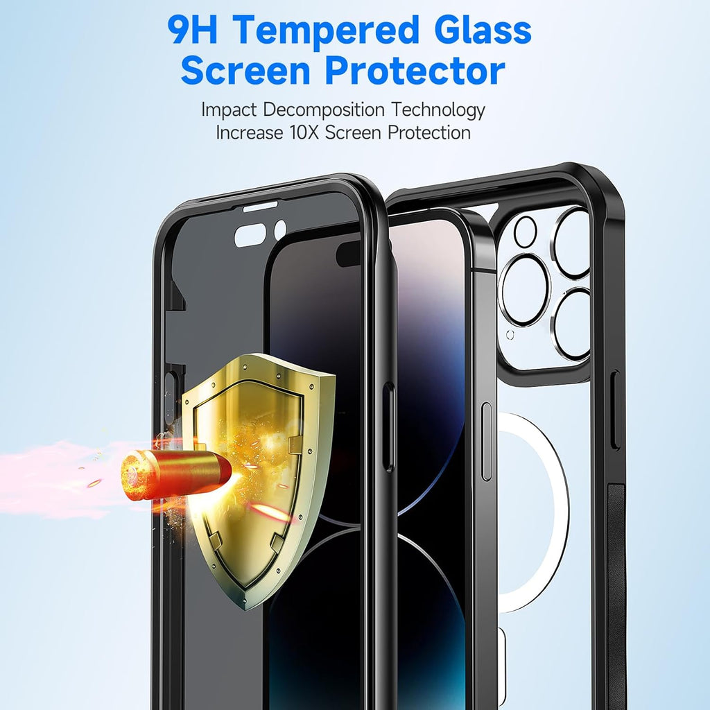 seacosmo for iPhone 14 Pro Case, Full Body Bumper with Built-in 9H Tempered Glass Privacy Screen Protector and Camera Lens Protector, Compatible with MagSafe, Shockproof Phone Cover, 6.1", Black