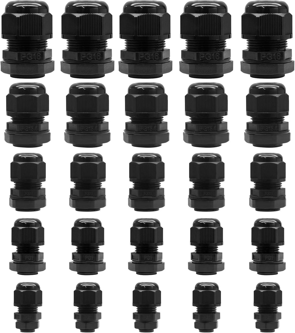 25 Pcs Nylon Cable Glands, PG7 PG9 PG11 PG13.5 PG16 Strain Relief Cable Cord Connector IP68 Waterproof Junction Box Wire Protectors Adjustable for 3-13mm Cable Diameter