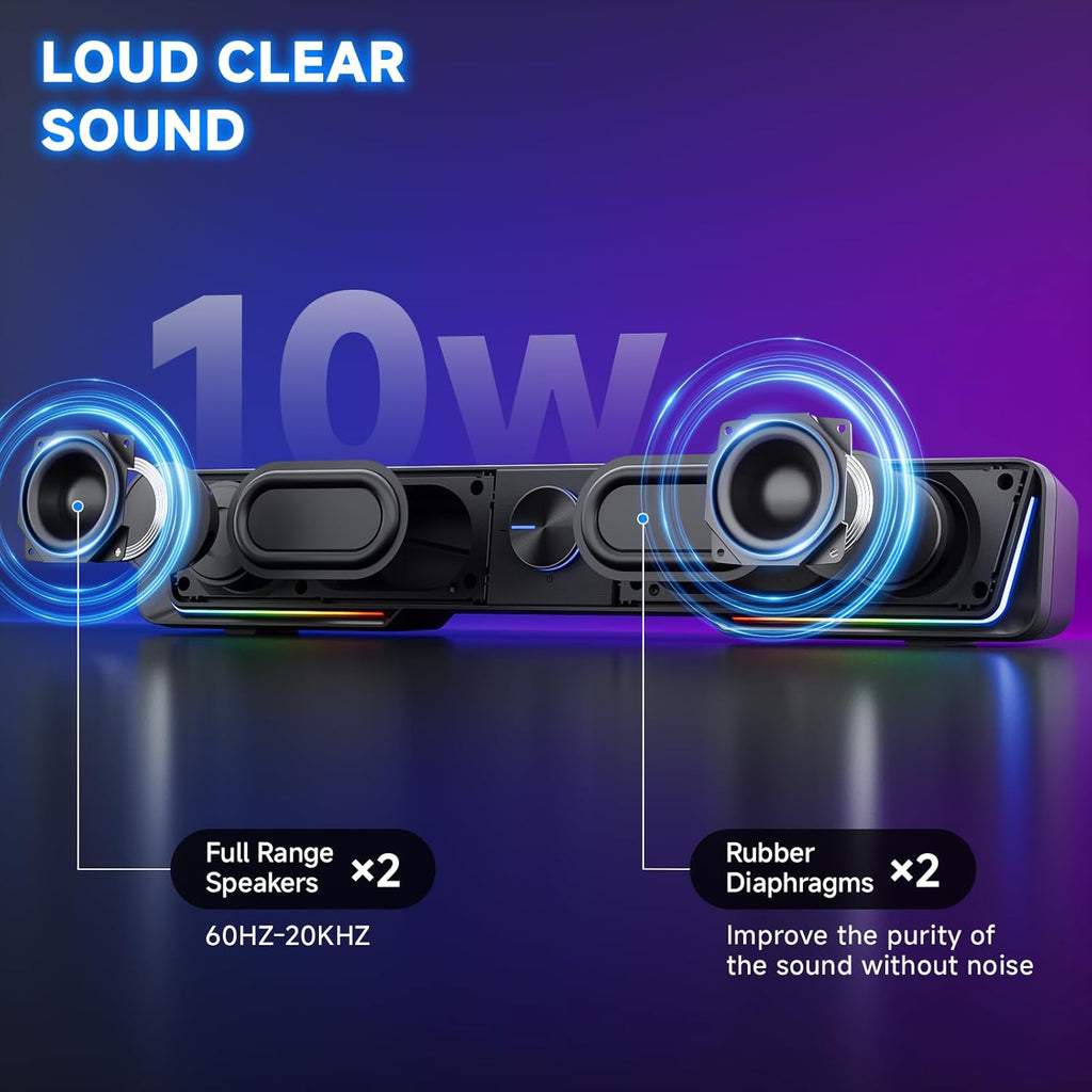 Jeecoo A40 Bluetooth Computer Speakers with Clear Sound, USB Plug & Play PC Speakers with LED Light, Computer Sound Bar with Switch Button for Desktop Laptop Monitor (USB-C Adapter Included)
