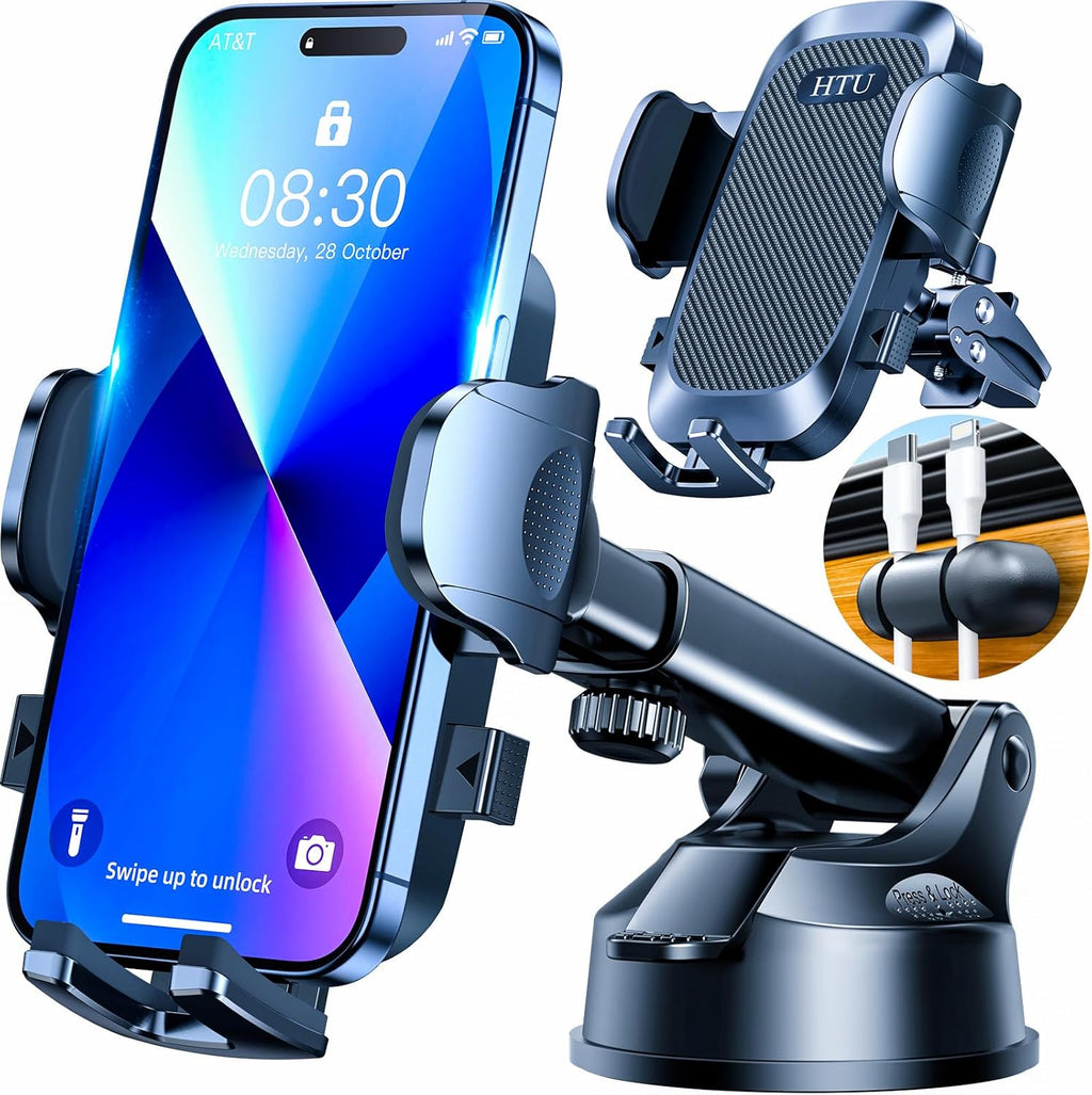 HTU [True Military-Grade] 2025 Upgraded Car Phone Holder 【Safety Certs & No Smell】 Cell Phone Holder for Car Mount for Dashboard Windshield Air Vent Long Arm Thick Case,Black