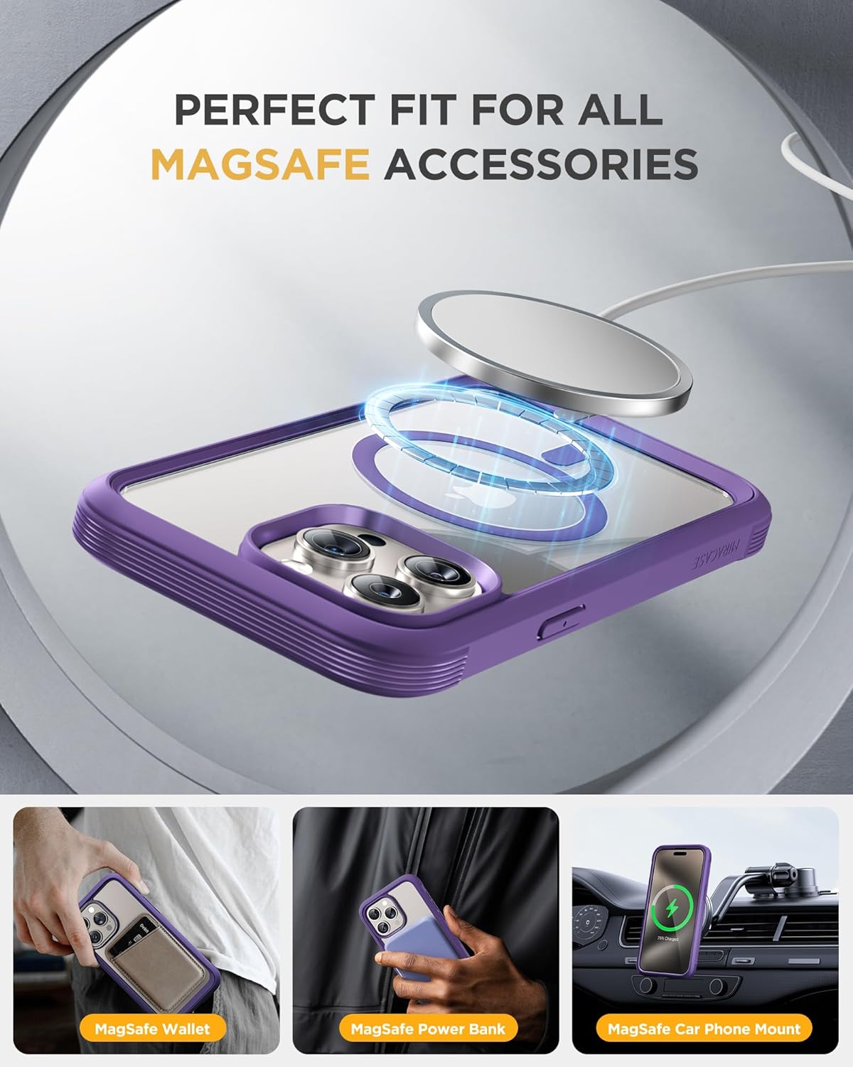 Miracase Magnetic for iPhone 15 Pro Case [Compatible with MagSafe] Full-Body Bumper Phone case with Built-in Glass Screen Protector& Camera Protector, Military Drop Proof 15 Pro Cover, Magnetic Purple