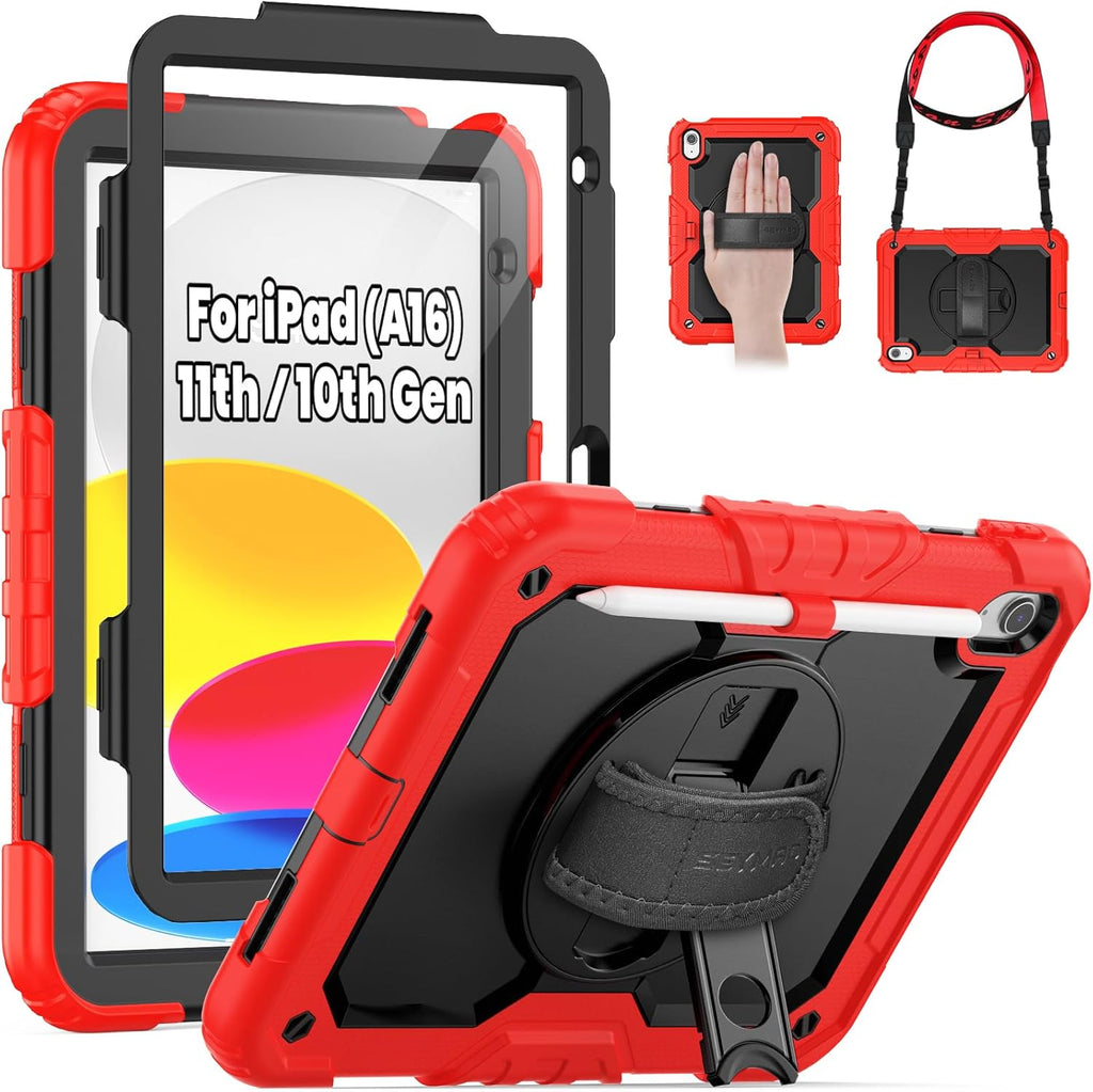 SEYMAC for iPad (A16) 11th/10th Generation Case 2025/2022 (11″/10.9″), Sturdy Heavy Duty Full-Body Shockproof Protective Case with Screen Protector, Rotating Stand, Hand/Shoulder Strap, Black/Red