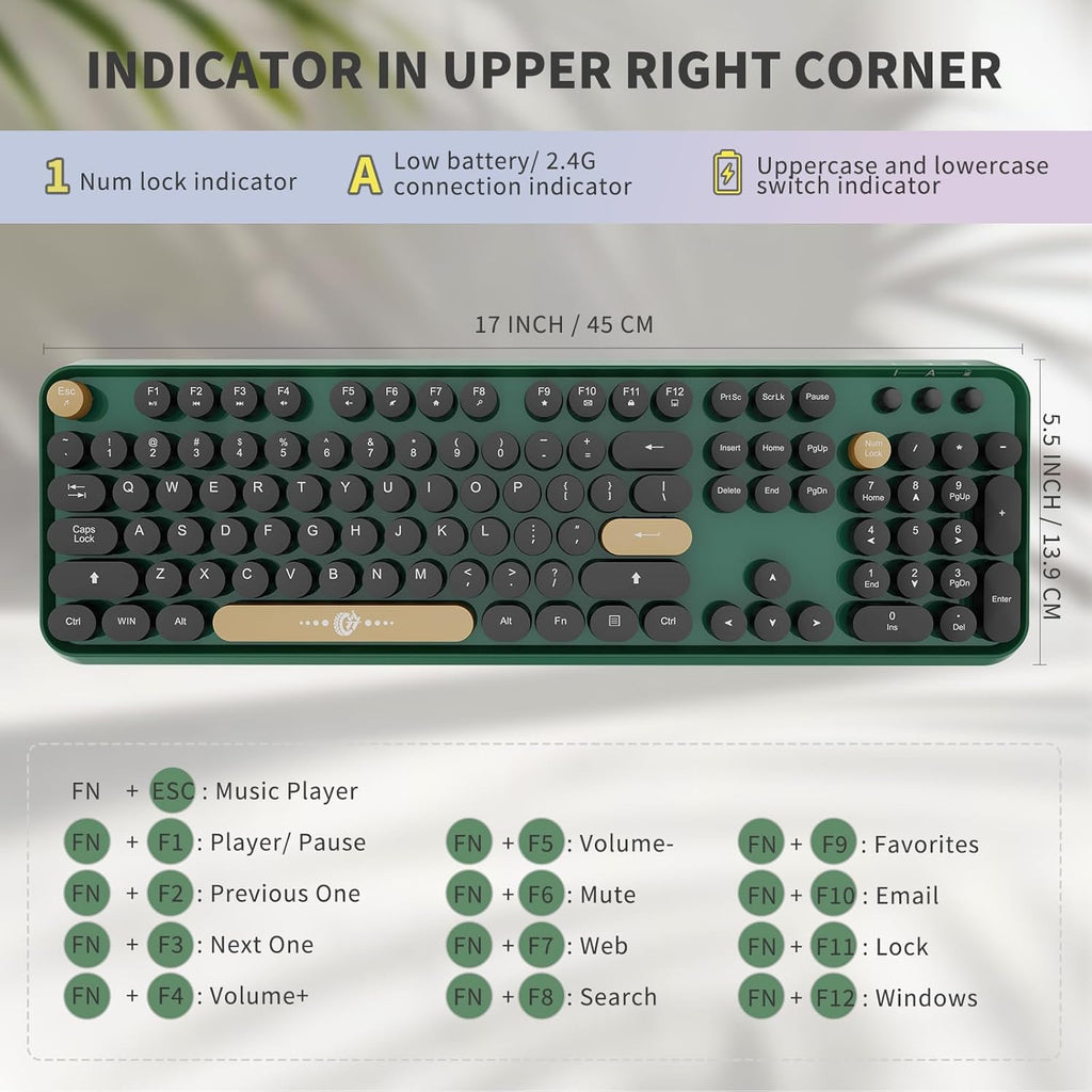 Wireless Keyboard and Mouse Combo, 104 Round Keys Cute Colorful Keyboard and Mouse with Retro Typewriter for PC/Mac/Laptop/Tablet/Computer/Windows Green