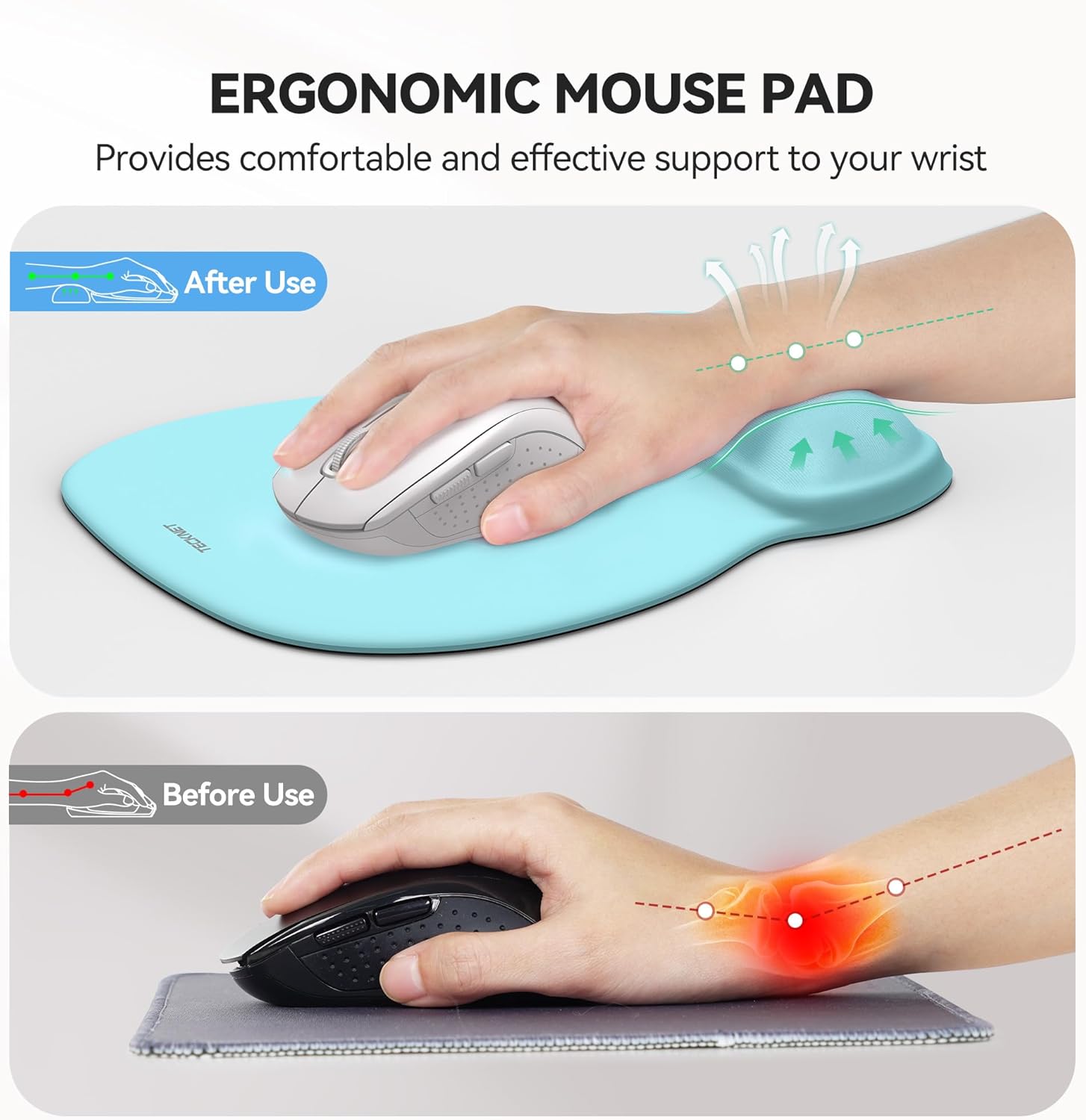 TECKNET Gel Mouse Pad with Wrist Rest, Ergonomic Office Mousepad with Wrist Support - Non-Slip & Smooth Surface Comfortable Desk Accessories Mat for Office, Gaming and Study - LT.Blue